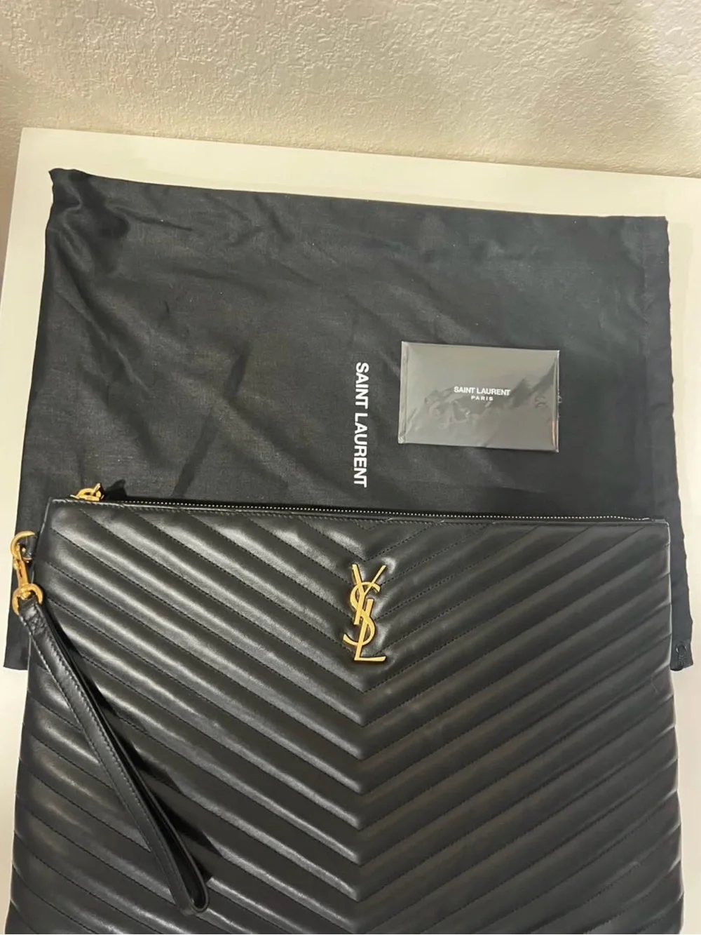 Saint Laurent Black Quilted Chevron Leather Clutch with Gold YSL